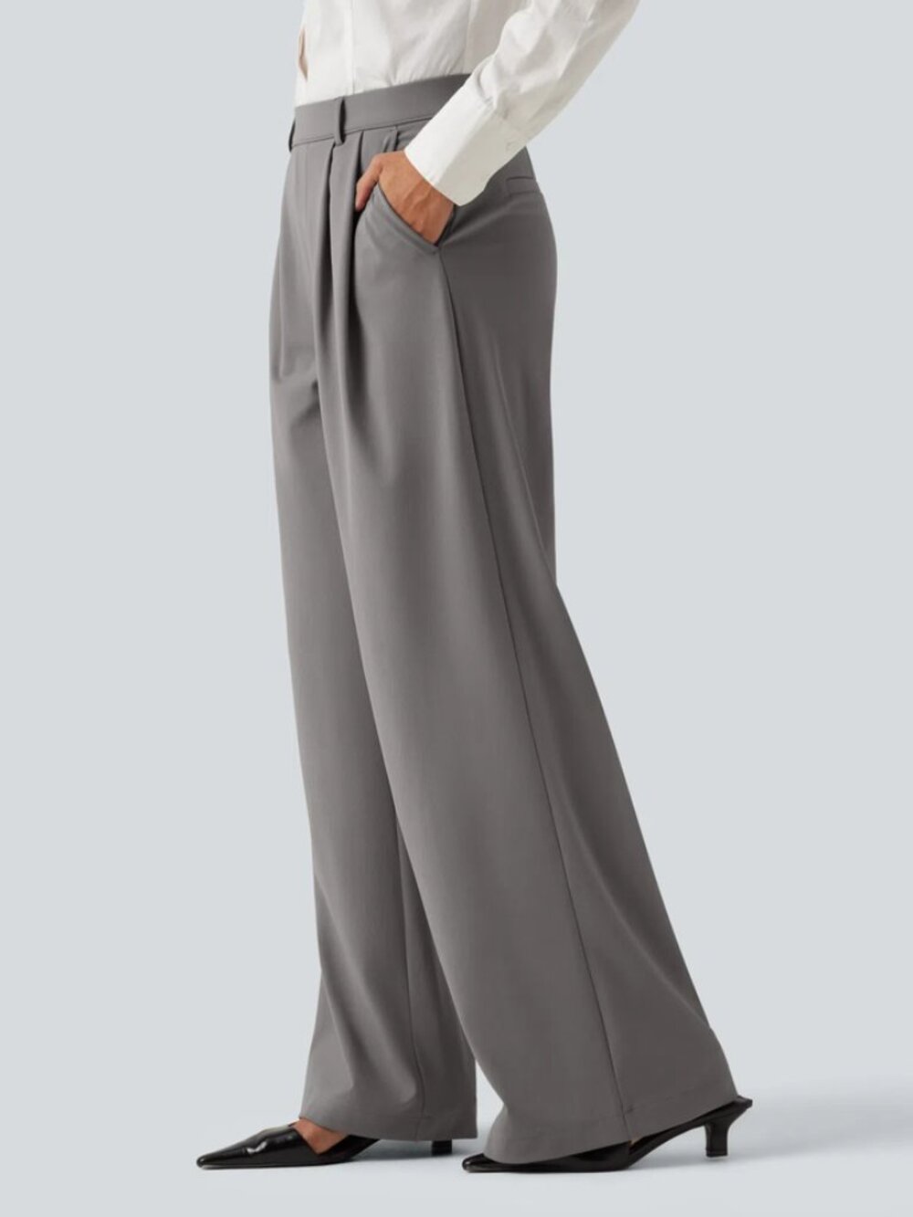 Halara Flex DayStretch High Waisted Pleated Wide Leg Work Pants Grey M Regular